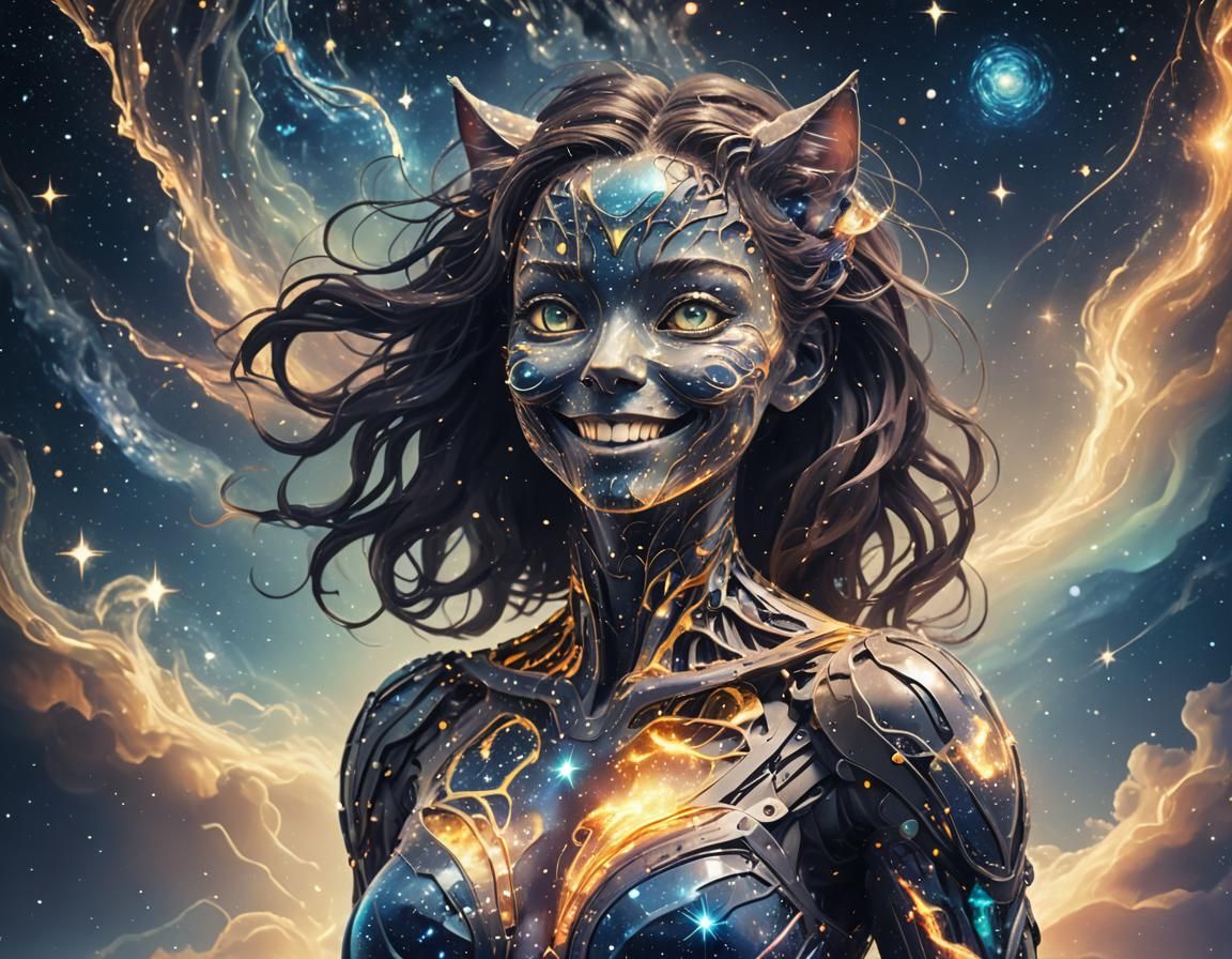 Celestial Cat Girl in a Neon Landscape