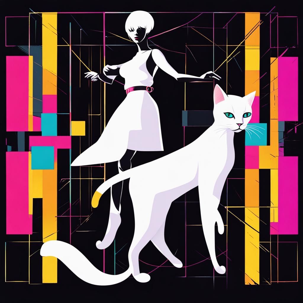 Dancing Cat Girl in Geometric Pop Art