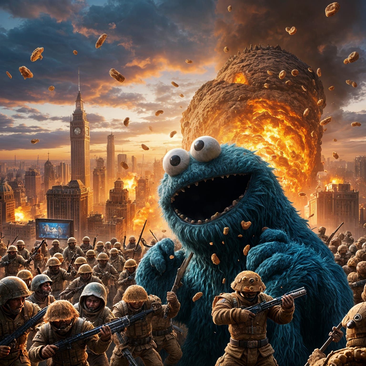 Gigantic Cookie Monster Battles Cereal Soldiers in Futuristi...