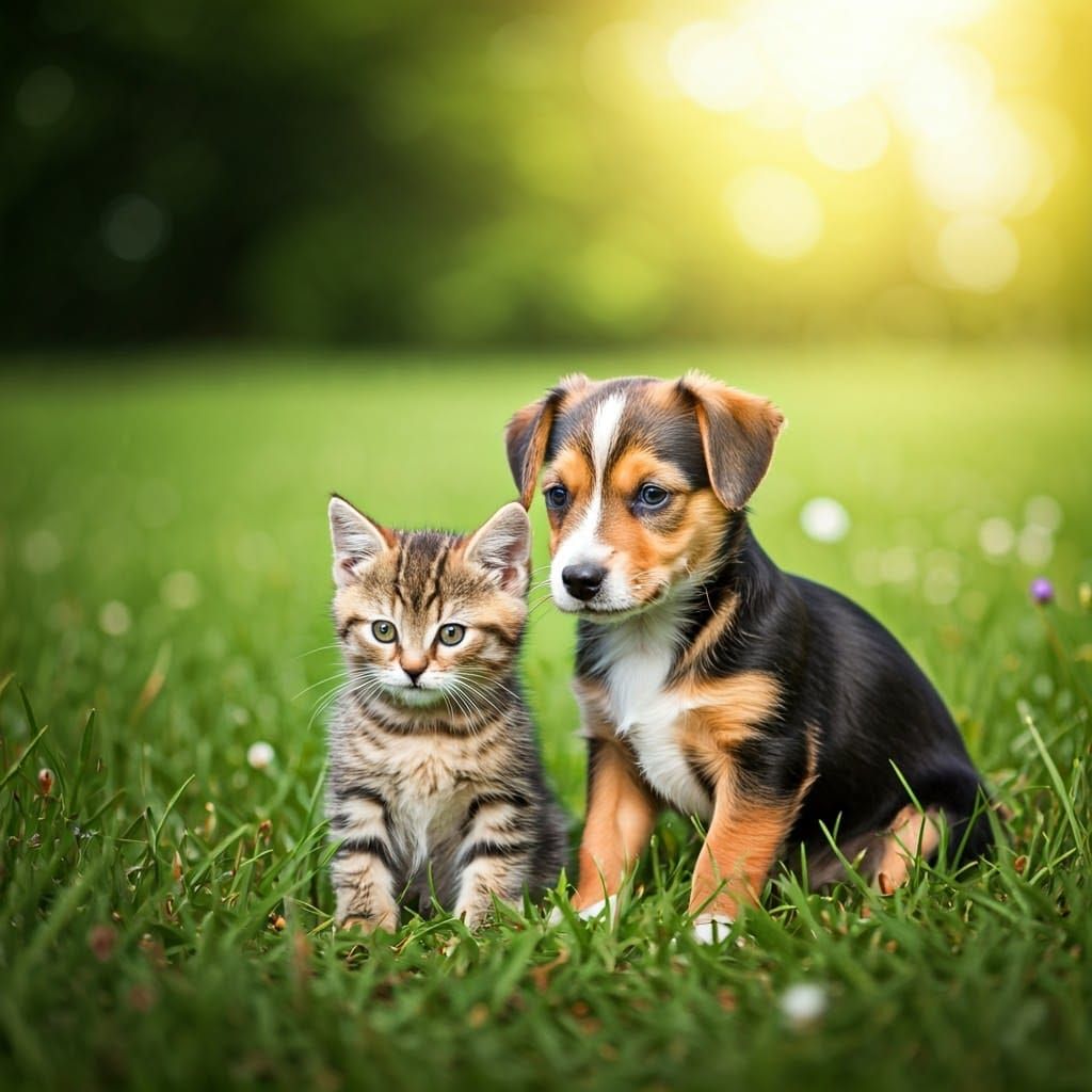 Kitten and Dog Play in Sunny Meadow