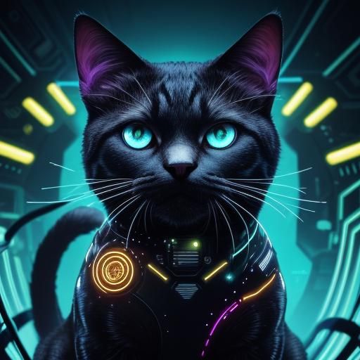 Biopunk Cat on Organic Motherboard in Neon Light