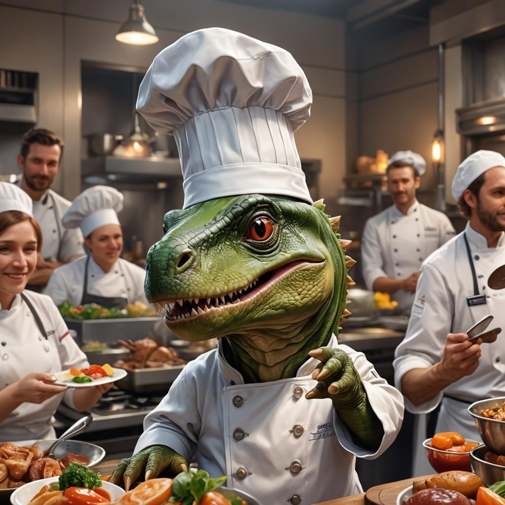 Baby Dinosaur Chef Portrait in Digital Art Style