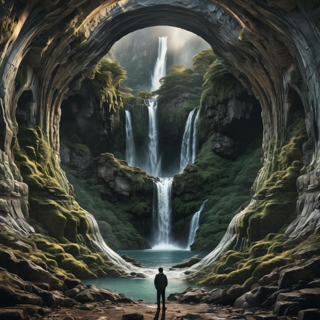 Waterfall and Mountain Digital Art with Spherical Sculptures