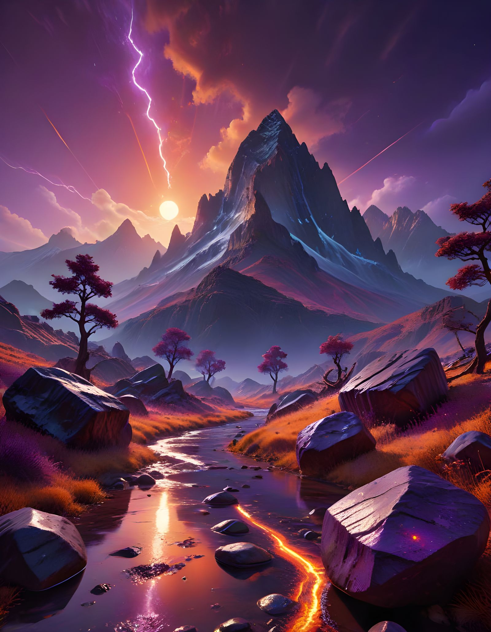 Vibrant Fantasy Realm in Deep Orange and Purple