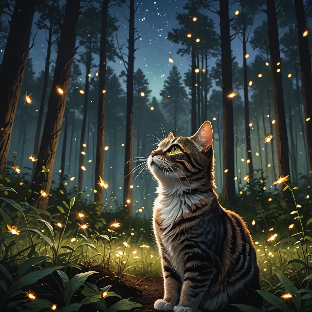 Cat Watching Fireflies in Twilight Forest