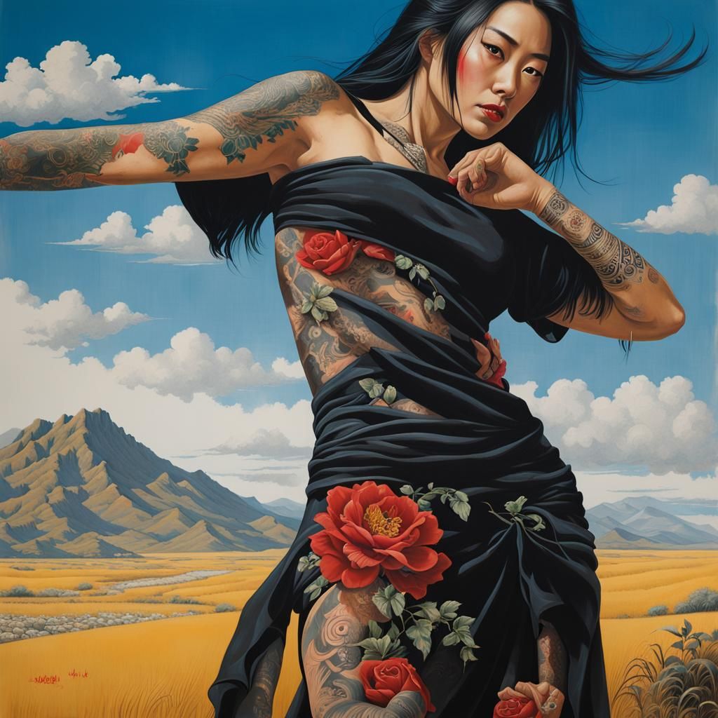 A woman with tattoos on her arms, tattered clothes.