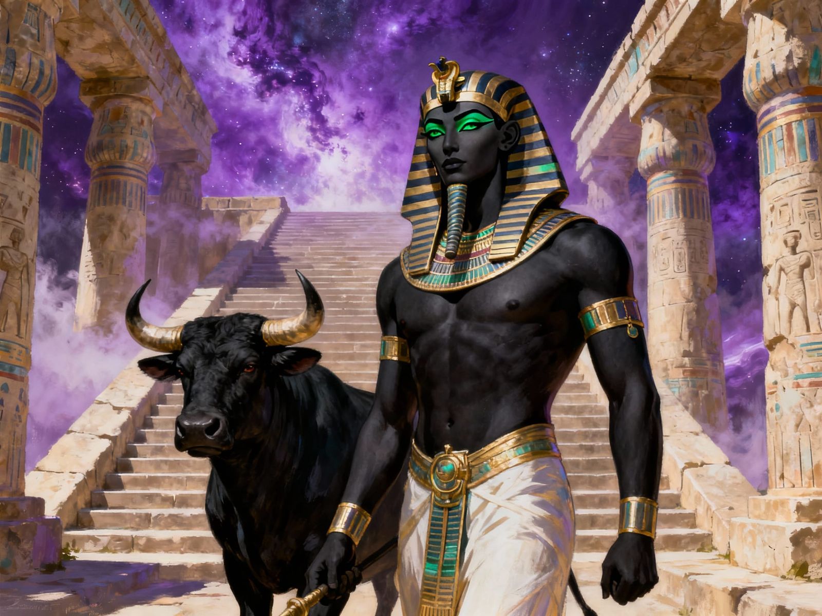 Ancient Egyptian God of Fertility with Black Bull, Purple Ne...