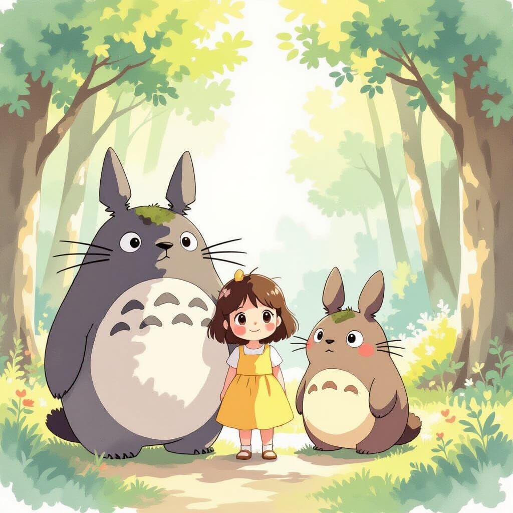 Totoro and Mei in Whimsical Watercolor Forest