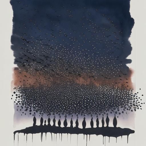 Starlings at Dusk in Modern Ink Painting