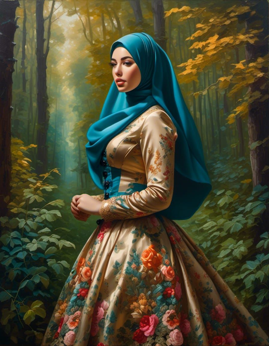 Victorian Woman in Hijab and Facemask in Mystic Forest