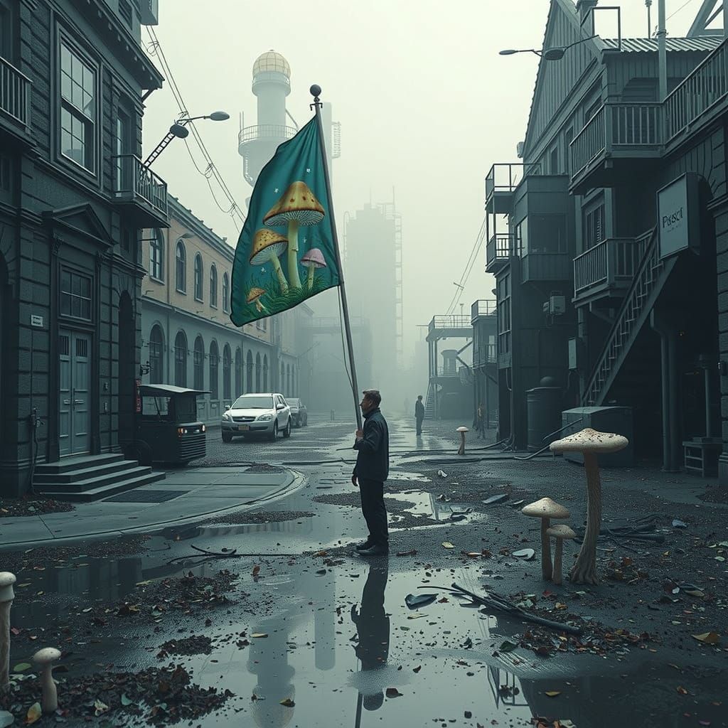 Hyperreal Mushroom Flag in Dystopian Landscape
