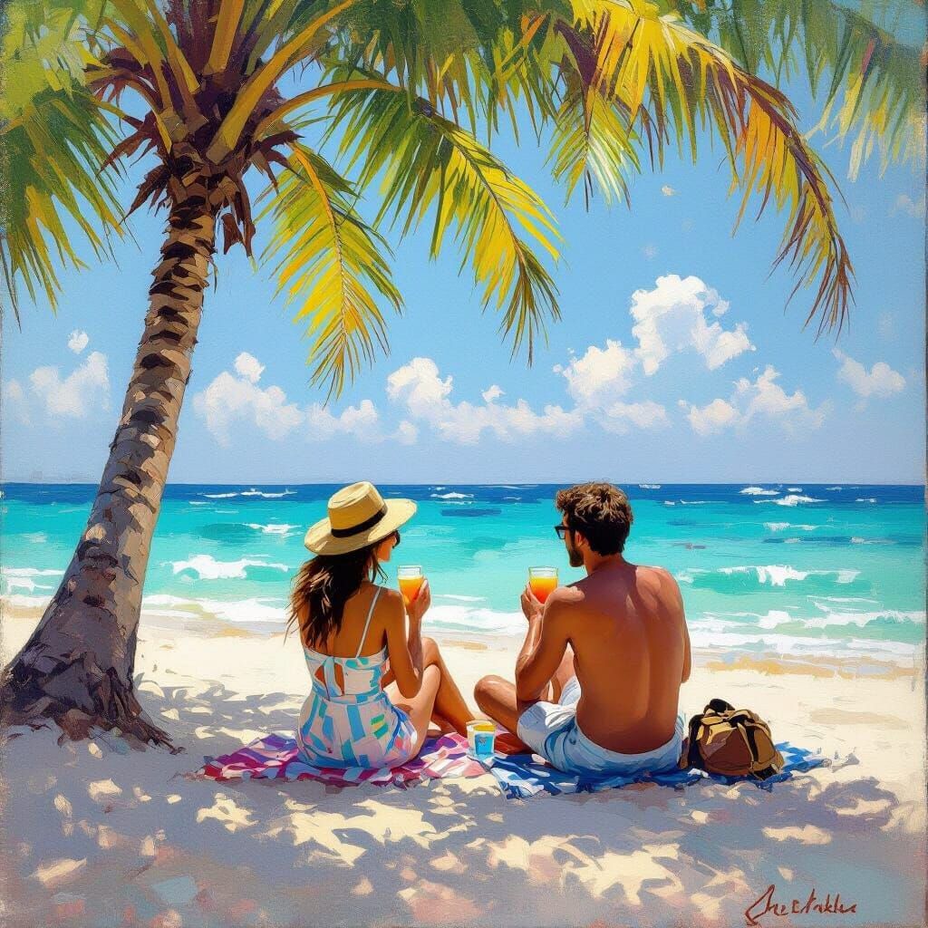 Couple on Beach in Impressionist Style
