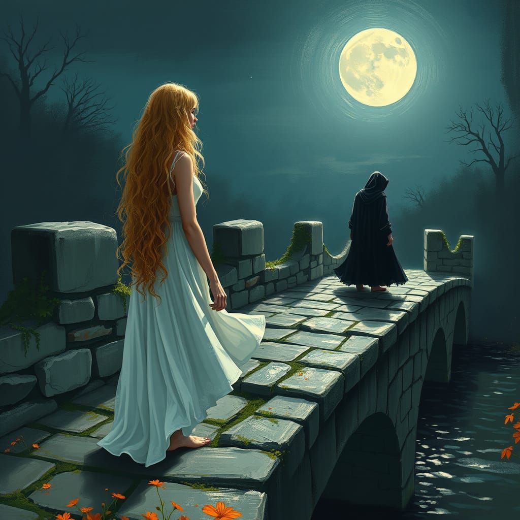 Woman on Bridge with Mysterious Figure in Moonlit Night