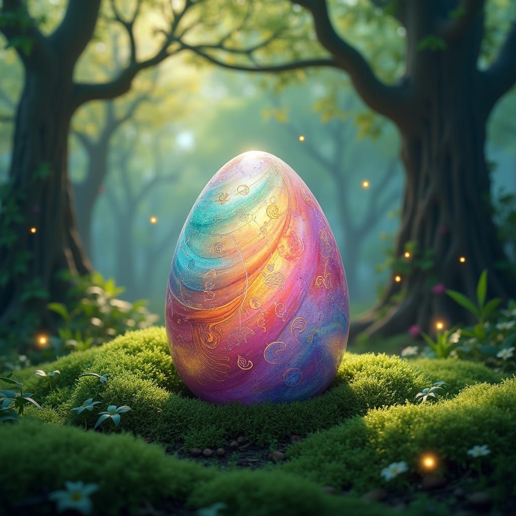 Vibrant Easter Egg in Whimsical Fantasy Forest