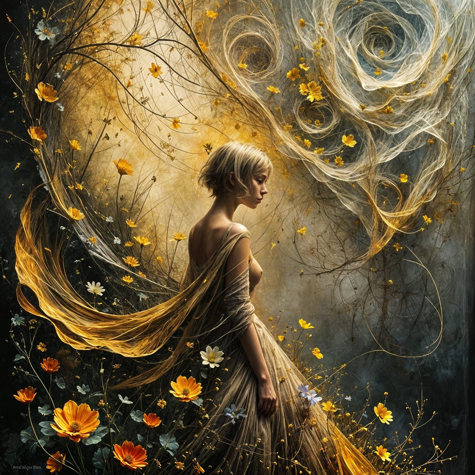 Dreamscape Portrait with Flowers and Musical Grids