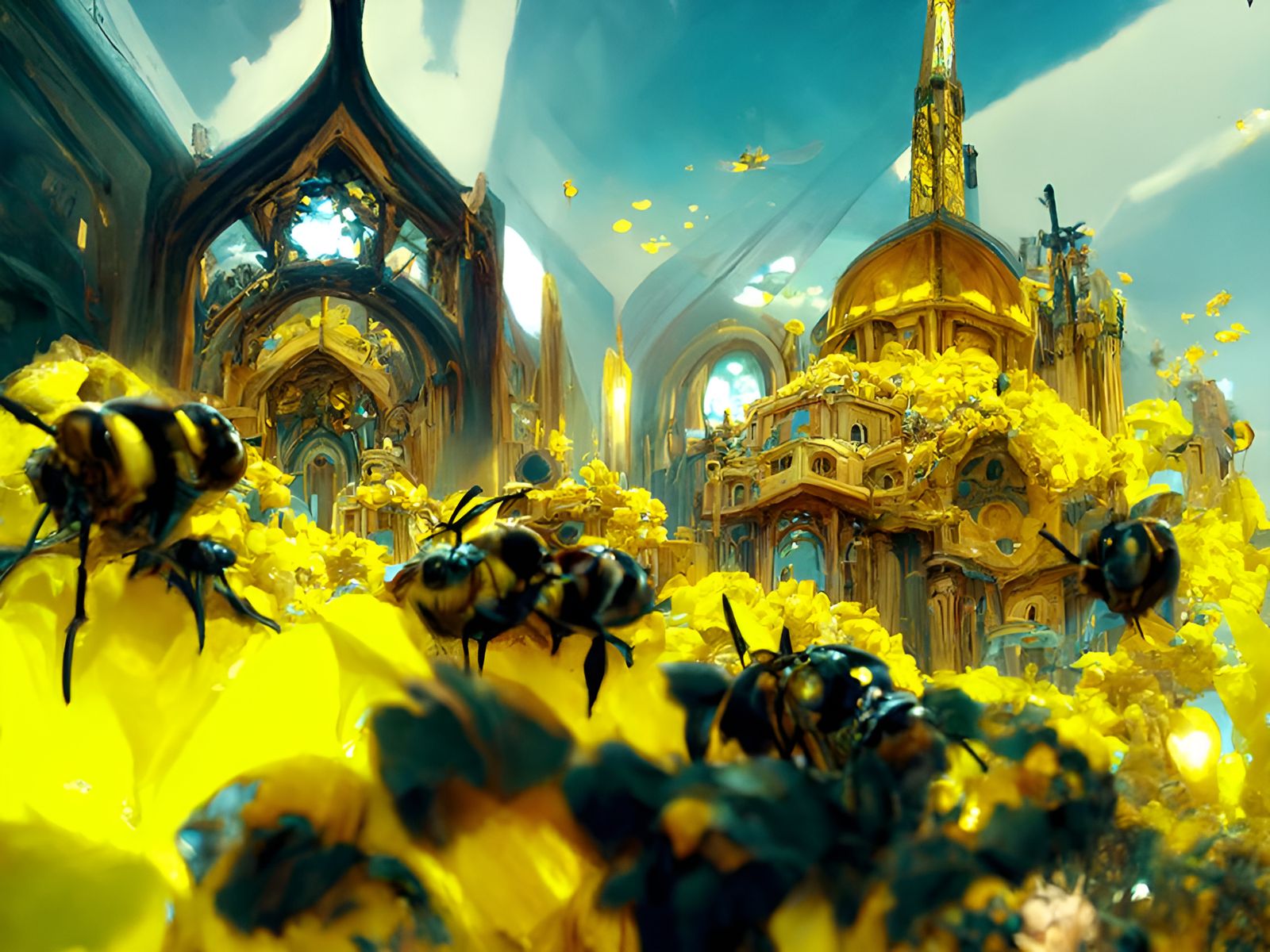 Bee Cathedral at Noon: Elaborate Golden Architecture