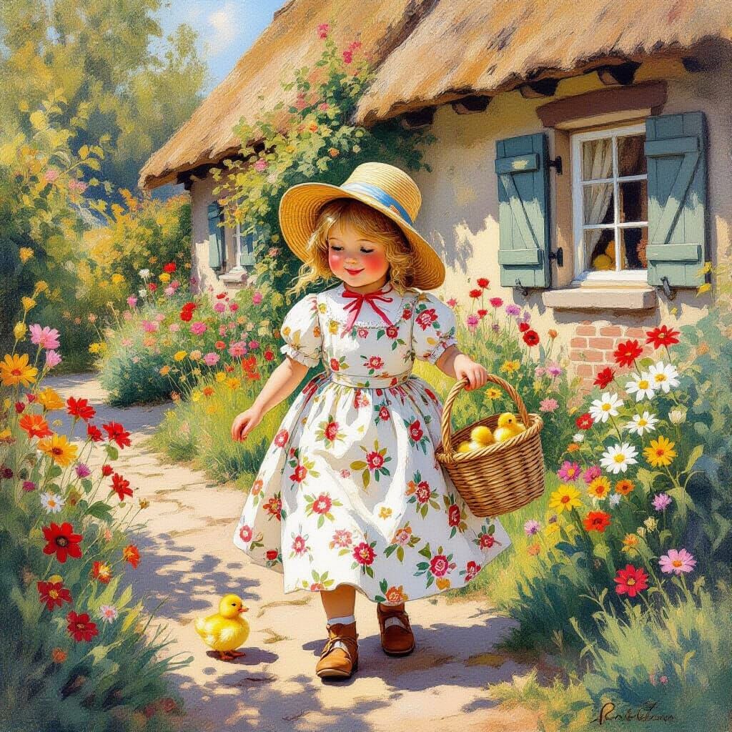 Gnome Woman Feeding Ducks, Watercolor Illustration