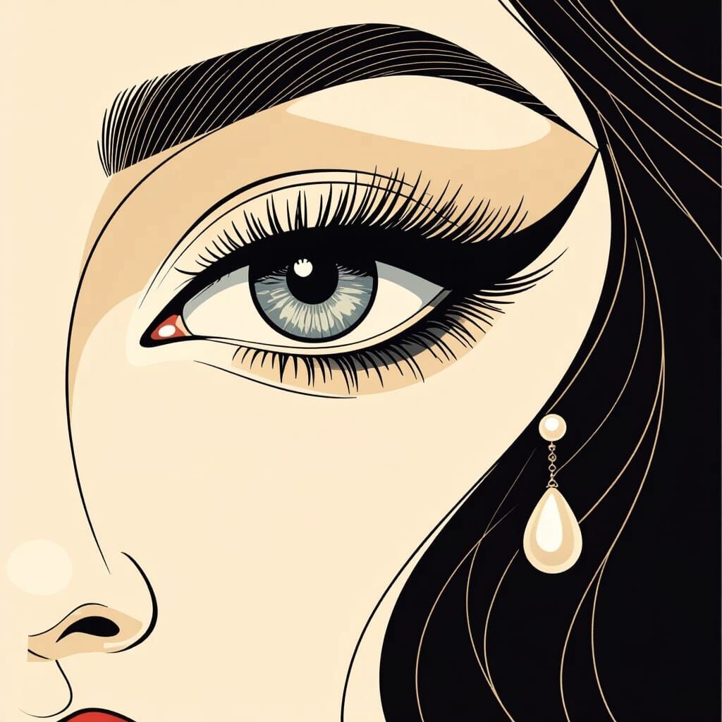 Elegant Woman's Eye Monoline Drawing with Pearl