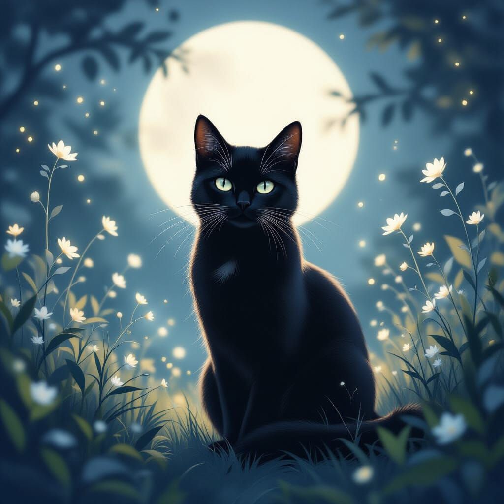 Mystical Black Cat in Moonlit Garden