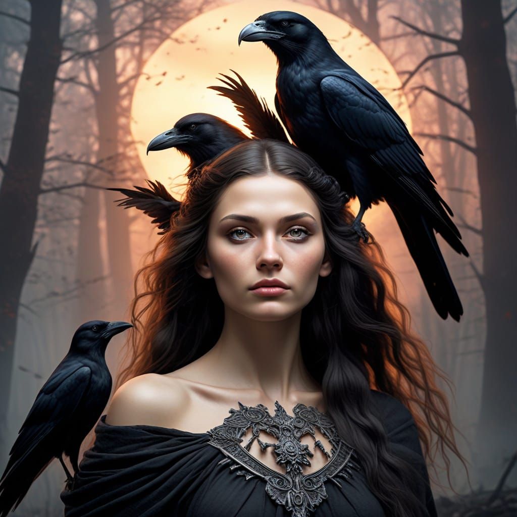 Slavic Goddess Morana with Crow Over Mortal Remains