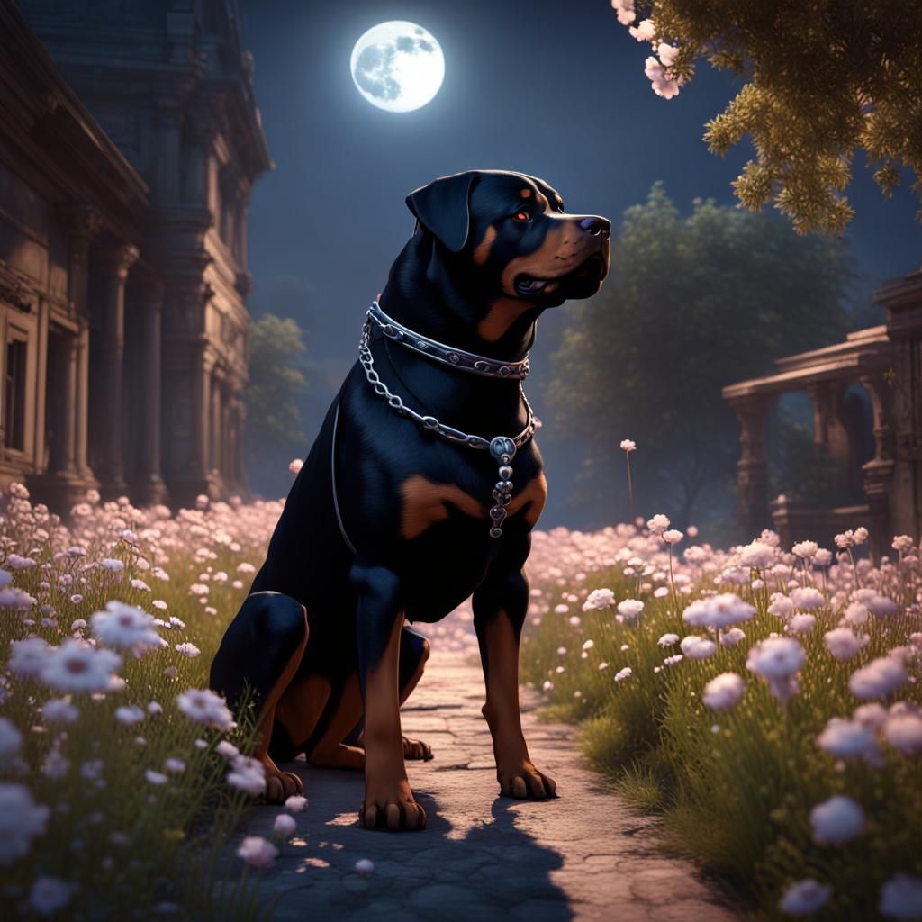 Rottweiler and Chatbot Under Moonlit Flowers