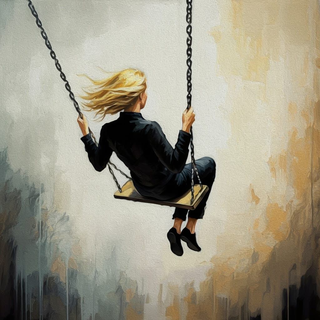 Minimalist Painting of a Swinging Figure in Motion