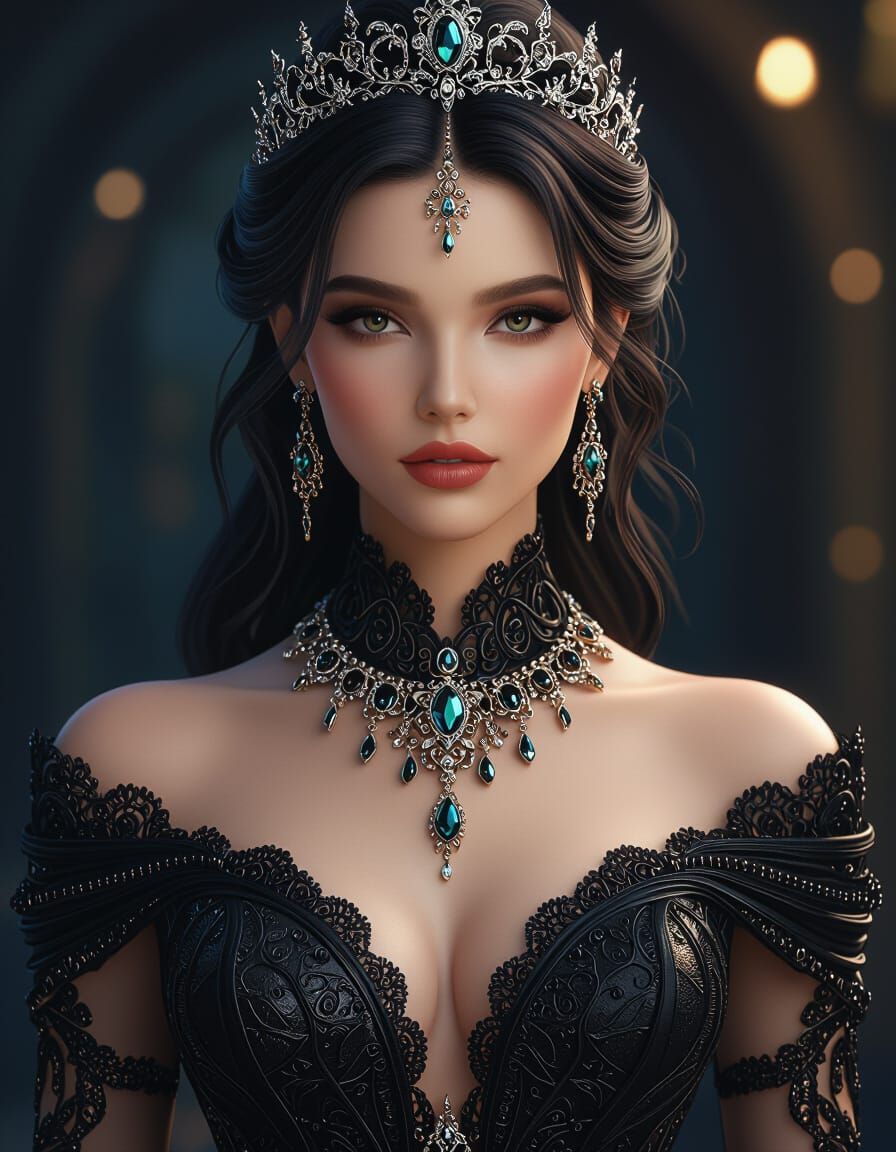 Woman in Intricate Black Dress with Futuristic Jewelry