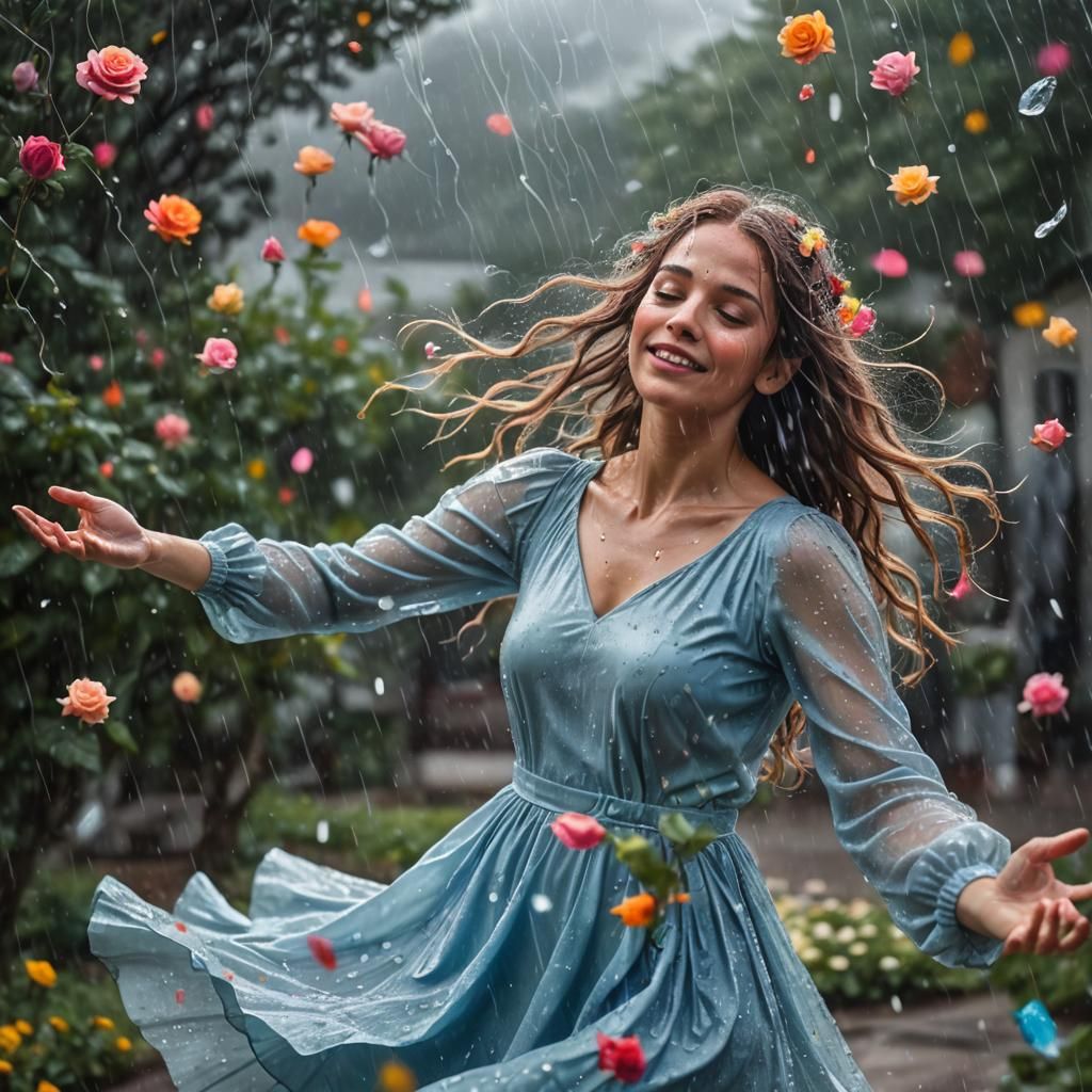 Woman Dancing in Rain: Art Nouveau Portrait