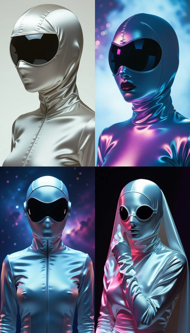 Actress in Seamless Satin Spacesuit and Head Mask