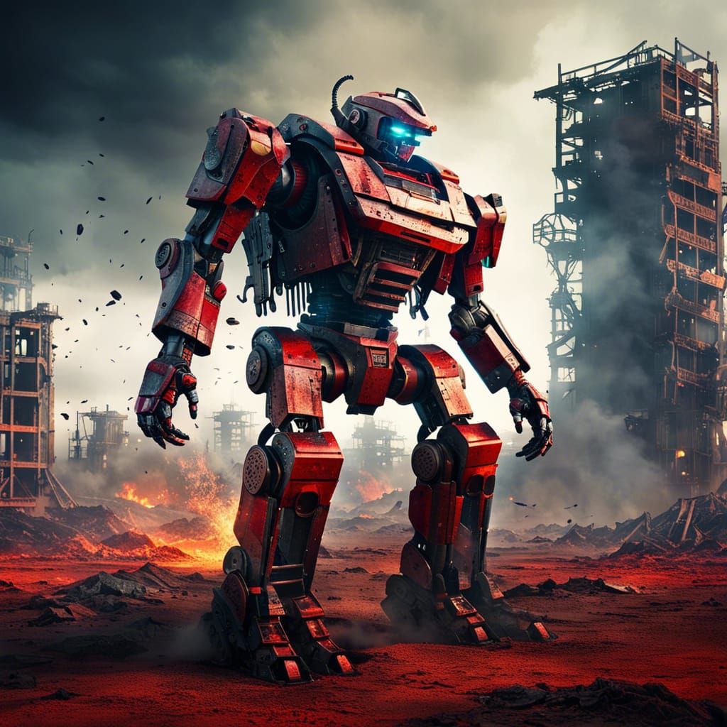 Giant Mecha Robot in Post-Apocalyptic Landscape