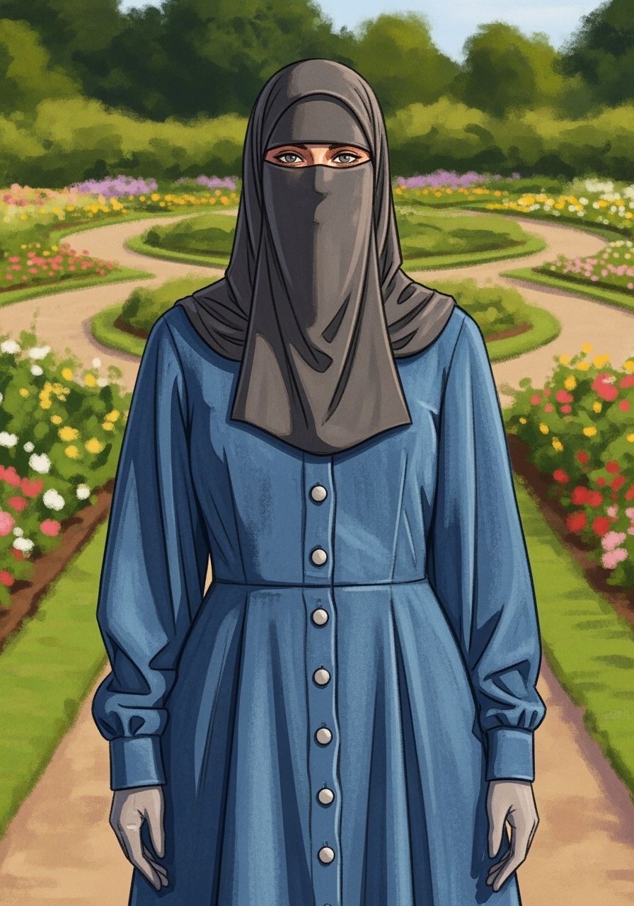Niqabi Woman in Botanic Garden, Painterly Style