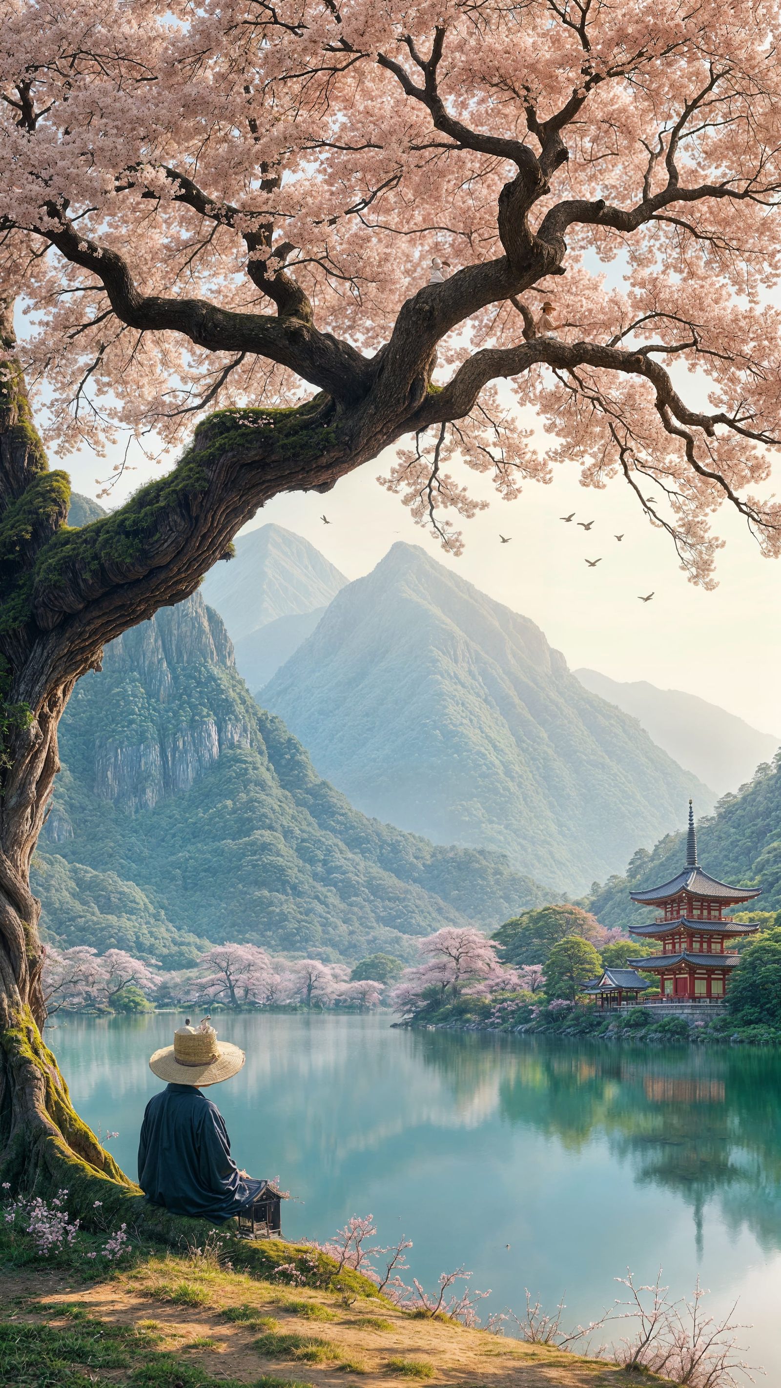 A majestic, centuries-old sakura tree with delicate pink blossoms stands tall beside a tranquil lake, its branches stret...