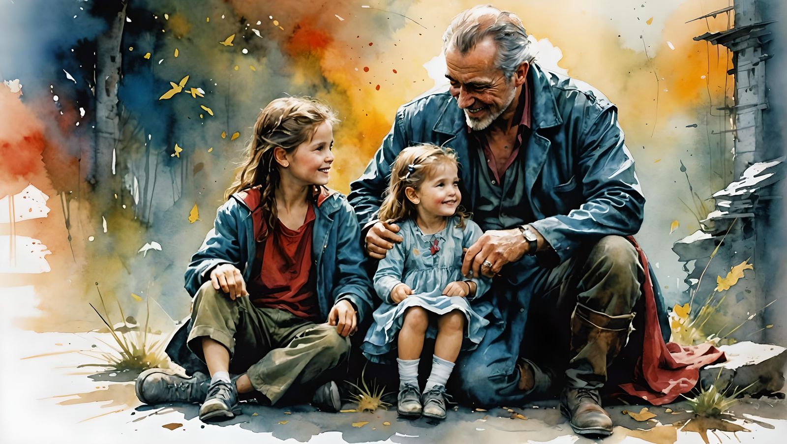 Father and Children Playing, Watercolor Double Exposure