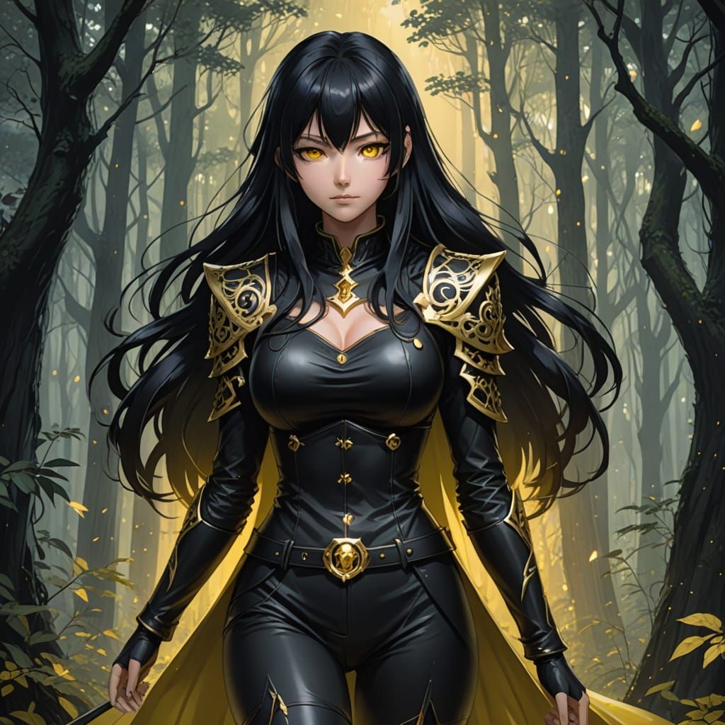 Anime Woman with Halberd in Misty Forest