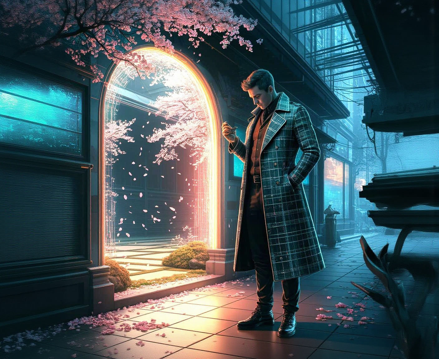 Cyberpunk Detective Investigates Zen Garden Portal