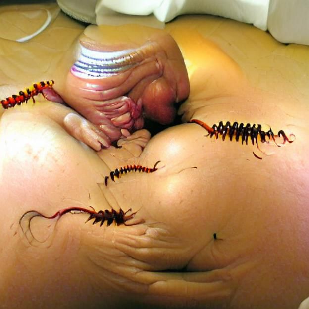 Surreal Birthing Scene: Woman and Centipede