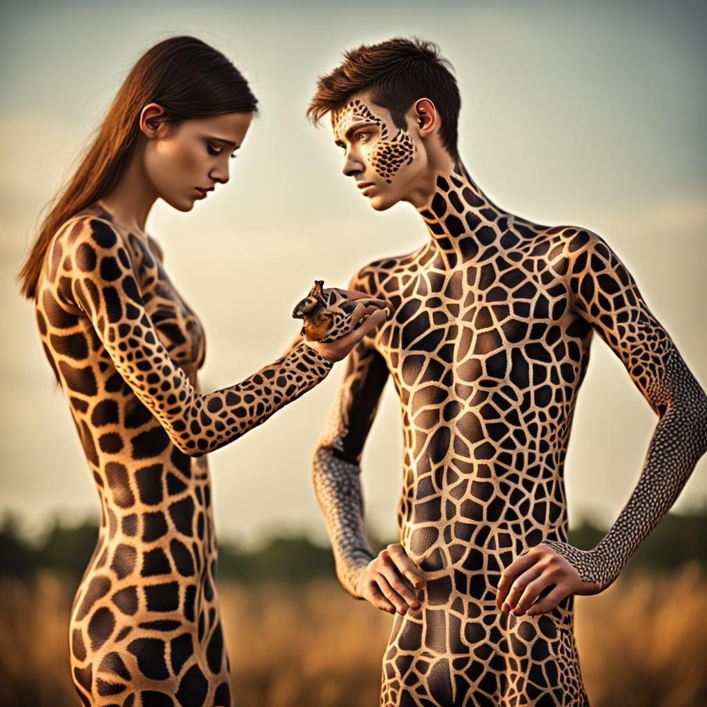 Giraffe Body Painting on a Slim 18-Year-Old