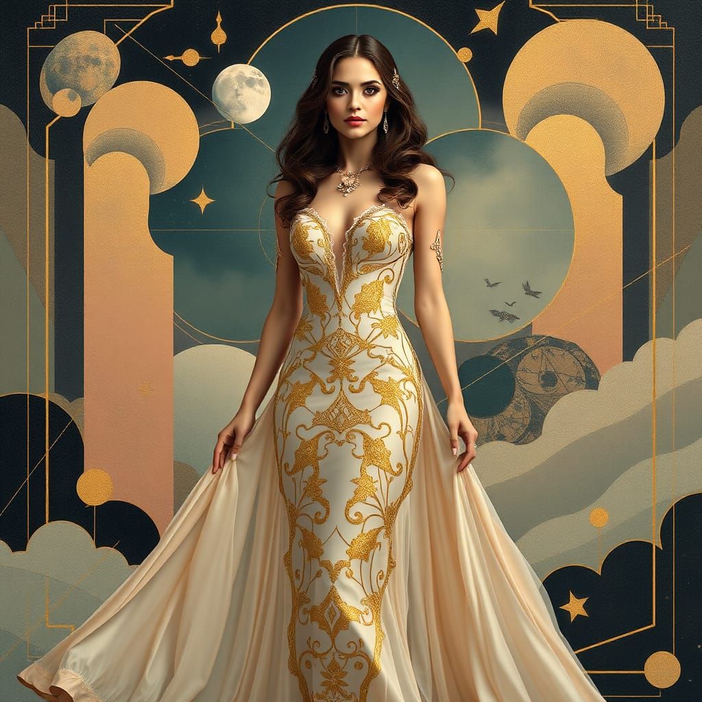 Elegant Woman in Flowing Gown with Gold Details