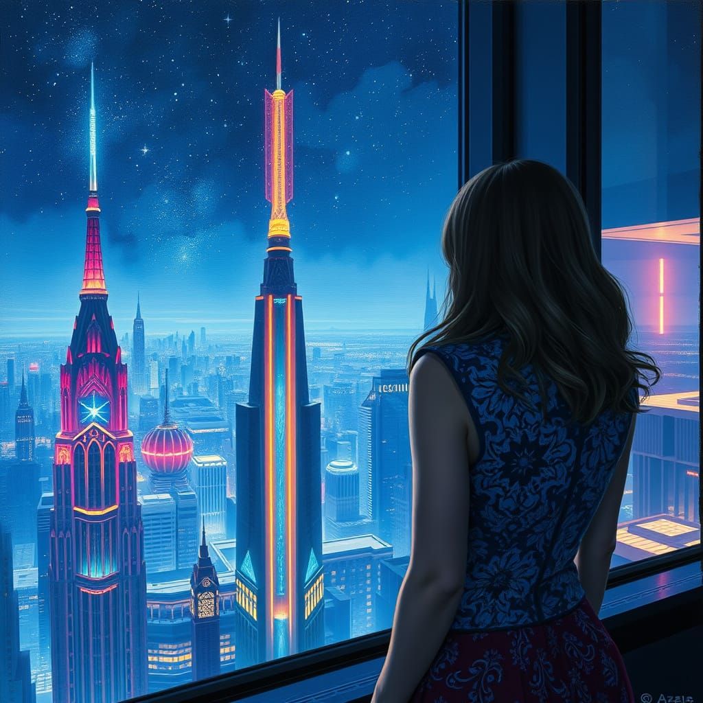 Futuristic Cityscape at Night, in a Mixed Media Masterpiece