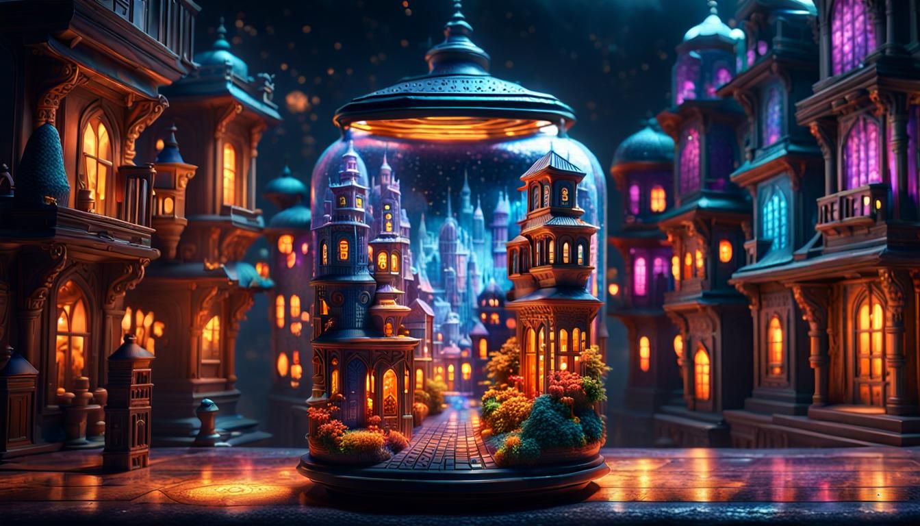 Magical City in a Jar: Hyperrealistic Dark Fantasy