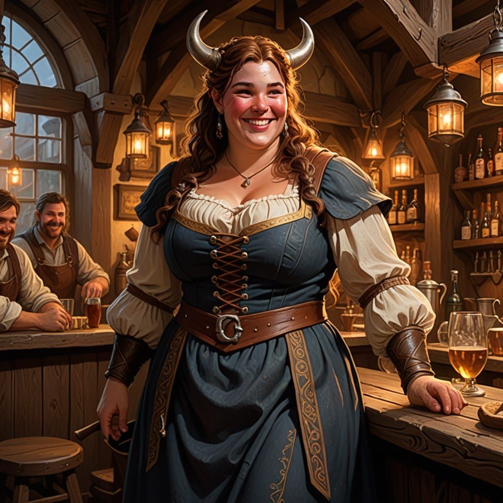Cow-Woman Barmaid in Cozy Tavern, Painterly Digital Art