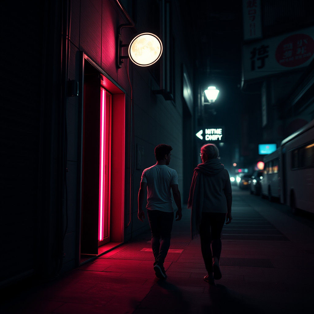 Neon Doorway on Desolate Street in 35mm Film Style