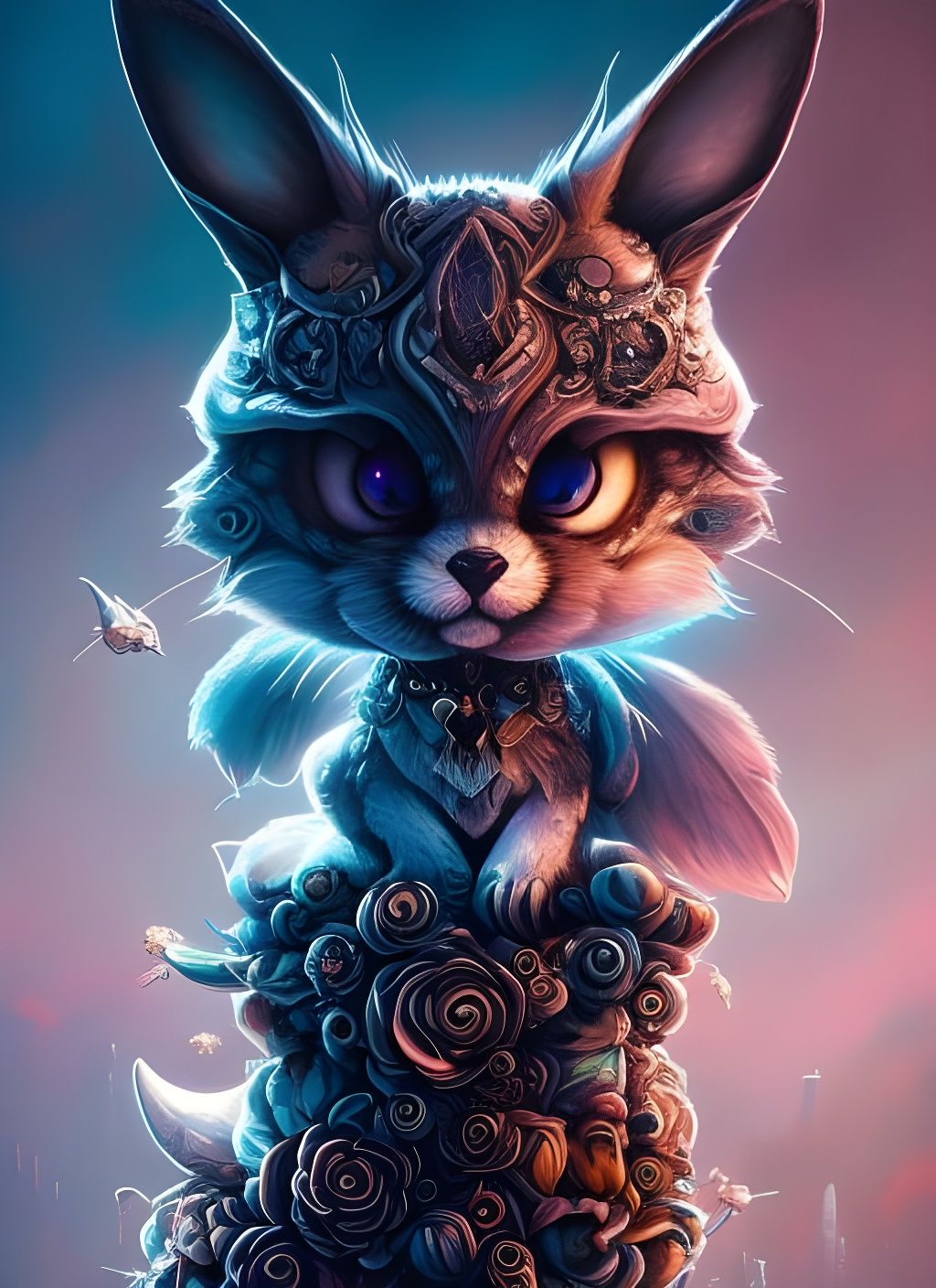 Chibi Skeletal Rabbit in Dystopian Pop Art