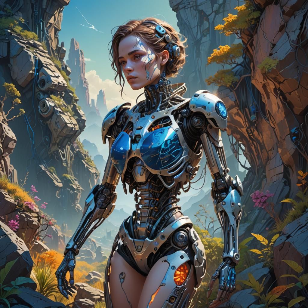 Lady Cyborg in Fantastical Landscape: Digital Realism