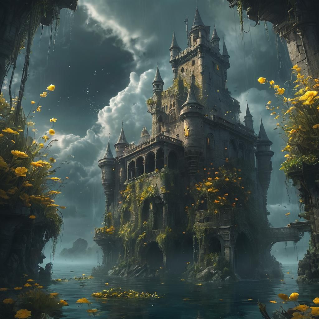 Wide shot, low angle, an underwater castle in an ocean of ta...