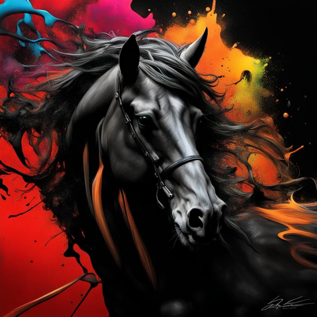Horse Galloping Amidst Ferrofluids in Graffiti Art Style