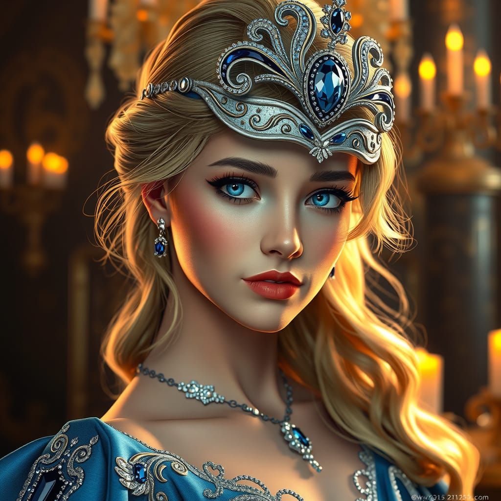 Princess Cinderella in Elegant Blue Ball Gown with Silver Ac...