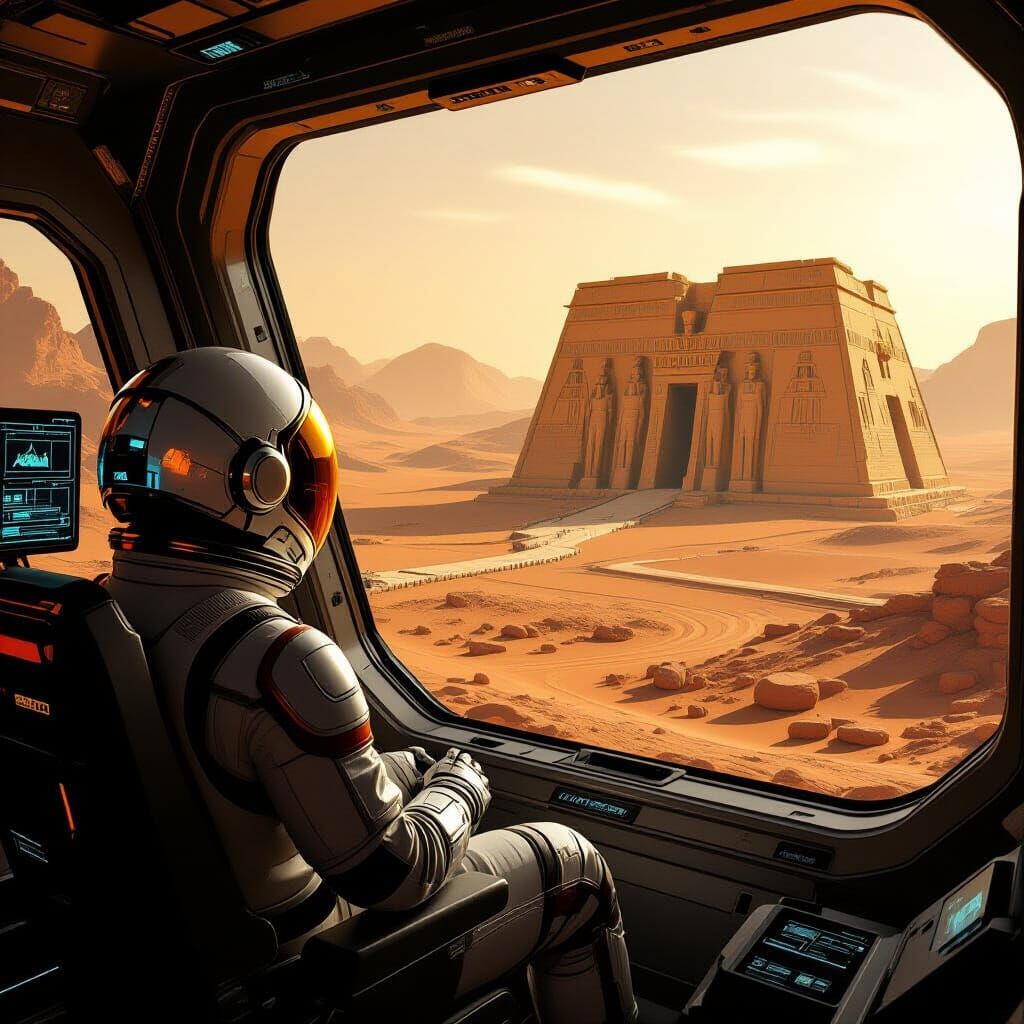 Astronaut Views Martian Tomb in Retro Sci-Fi Style