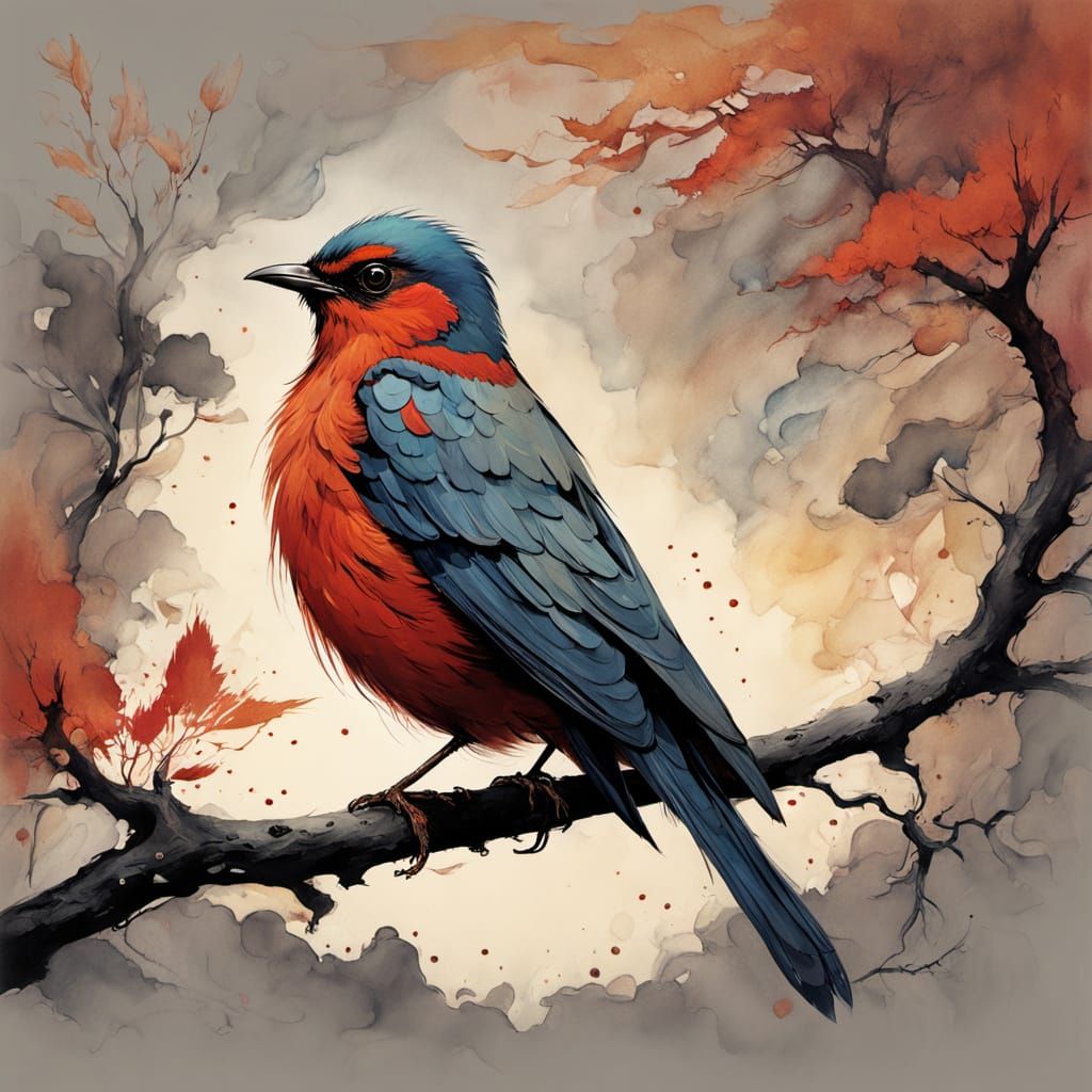 Impressionist Night Bird Gouache with Golden Light