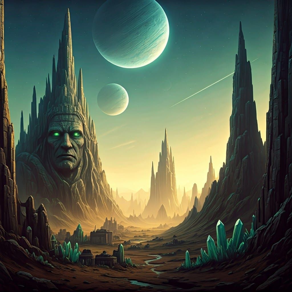 Ancient Alien Landscape with Crystal Spires and Sentinel Sta...